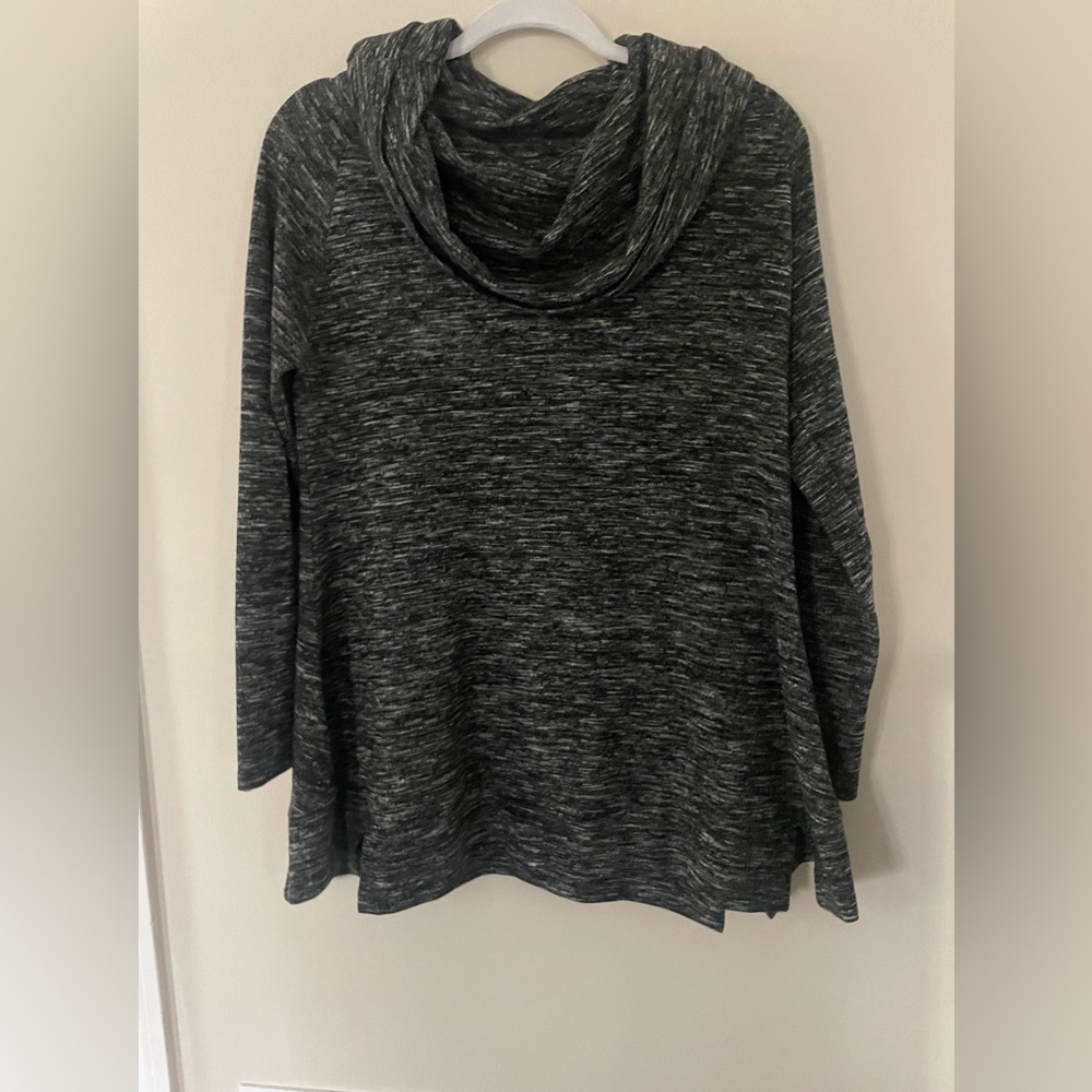 Shannon oversized pullover. Large fold over neck and black and white fabric.